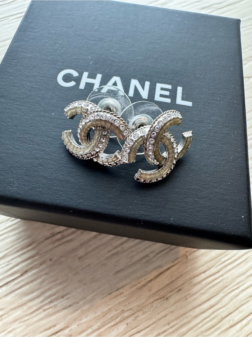 100% Authentic CHANEL Silver Crystal CC Logo Stud Earrings with Clear Backings